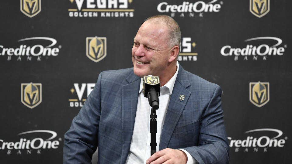 LAS VEGAS, NEVADA - JANUARY 02: Vegas Golden Knights head coach Gerard Gallant speaks to media after defeating the Philadelphia Flyers at T-Mobile Arena on January 02, 2020 in Las Vegas, Nevada. (Photo by Jeff Bottari/NHLI via Getty Images)