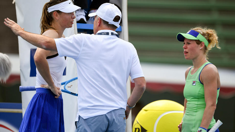 Maria Sharapova and Laura Siegemund, pictured here during their match at the Kooyong Classic.