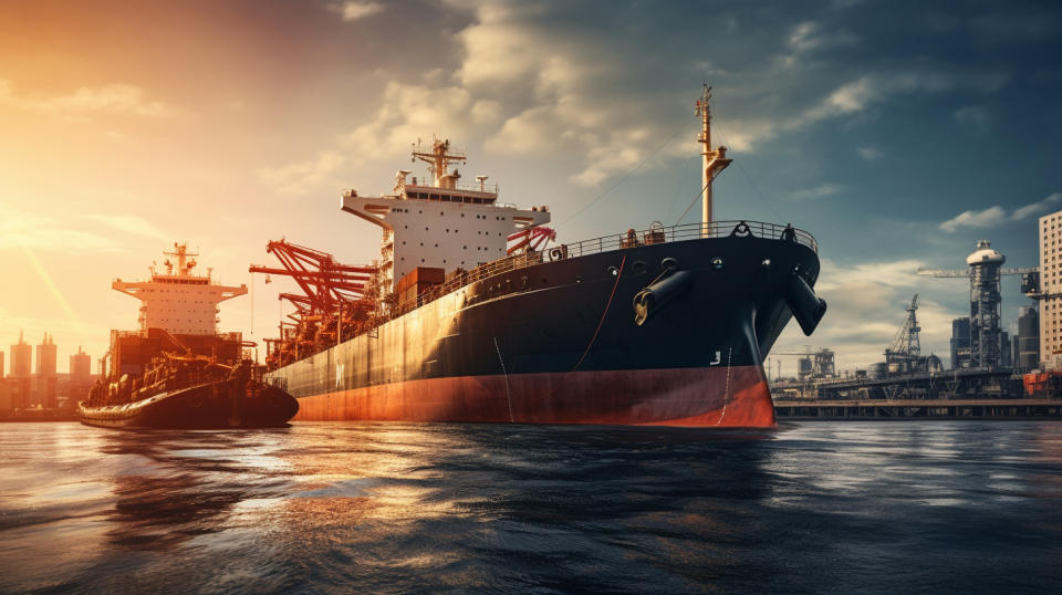 A tanker filled with crude oil slowly unloading its cargo onto a container ship.