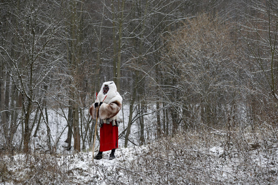 Revelers depicting devil waits in the woods during a traditional St Nicholas procession in the village of Valasska Polanka, Czech Republic, Saturday, Dec. 7, 2019. This pre-Christmas tradition has survived for centuries in a few villages in the eastern part of the country. The whole group parades through village for the weekend, going from door to door. St.Nicholas presents the kids with sweets. The devils wearing home made masks of sheep skin and the white creatures representing death with scythes frighten them. (AP Photo/Petr David Josek)