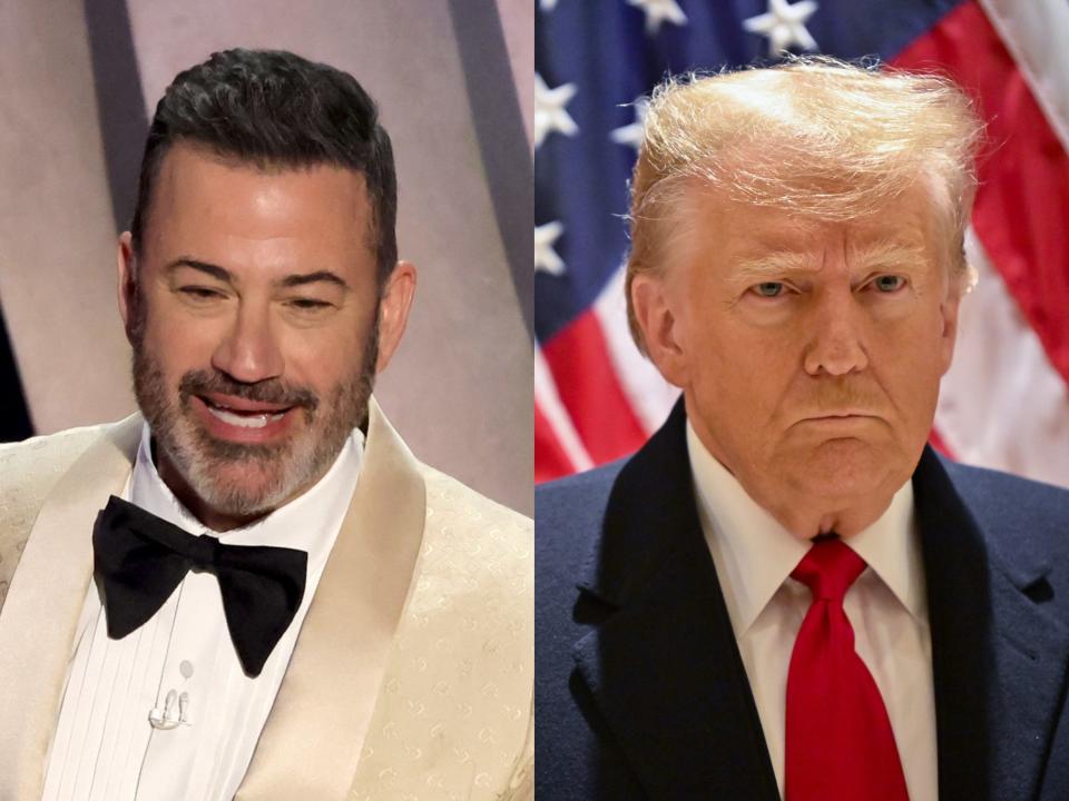 left: jimmy kimmel hosting the oscars in a gold jacket, white shirt, and large black bowtie; right: donald trump looking serious with a red tie and blue suit jacket standing in front of an american flag