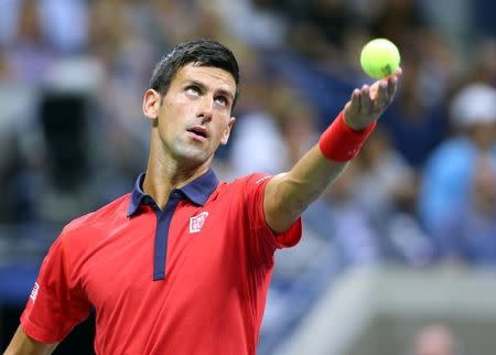 Sep 2, 2015; New York, NY, USA; Novak Djokovic of Serbia serves to Andreas Haider-Maurer of Austria on day three of the 2015 U.S. Open tennis tournament at USTA Billie Jean King National Tennis Center. Mandatory Credit: Jerry Lai-USA TODAY Sports