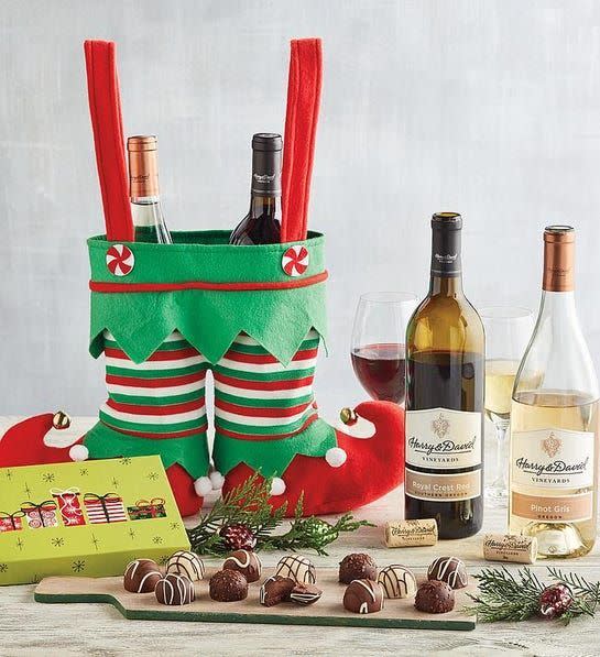 <p><strong>Harry & David</strong></p><p>harryanddavid.com</p><p><strong>$79.99</strong></p><p>An ideal gift for the wine connoisseur in your life, this funny elf pants gift set from Harry & David is sure to be a conversation starter around the holidays. Featuring a red blend bottle and a white blend, as well as chocolate truffles, and packaged in a felt fabric elf pants tote, this is one gift that will surely spread holiday cheer.</p>