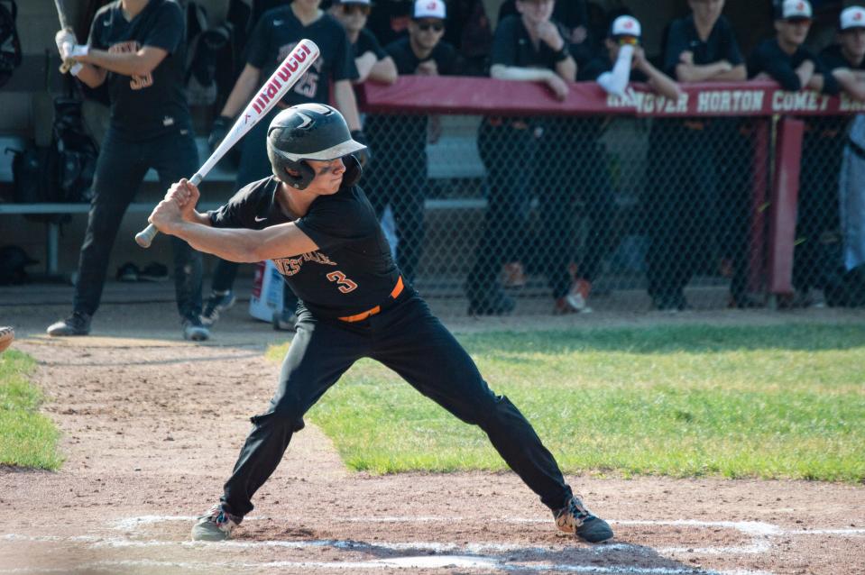 Comet senior Bradley Wright (3) steps up to the plate for his final at-bat for his Comet career.