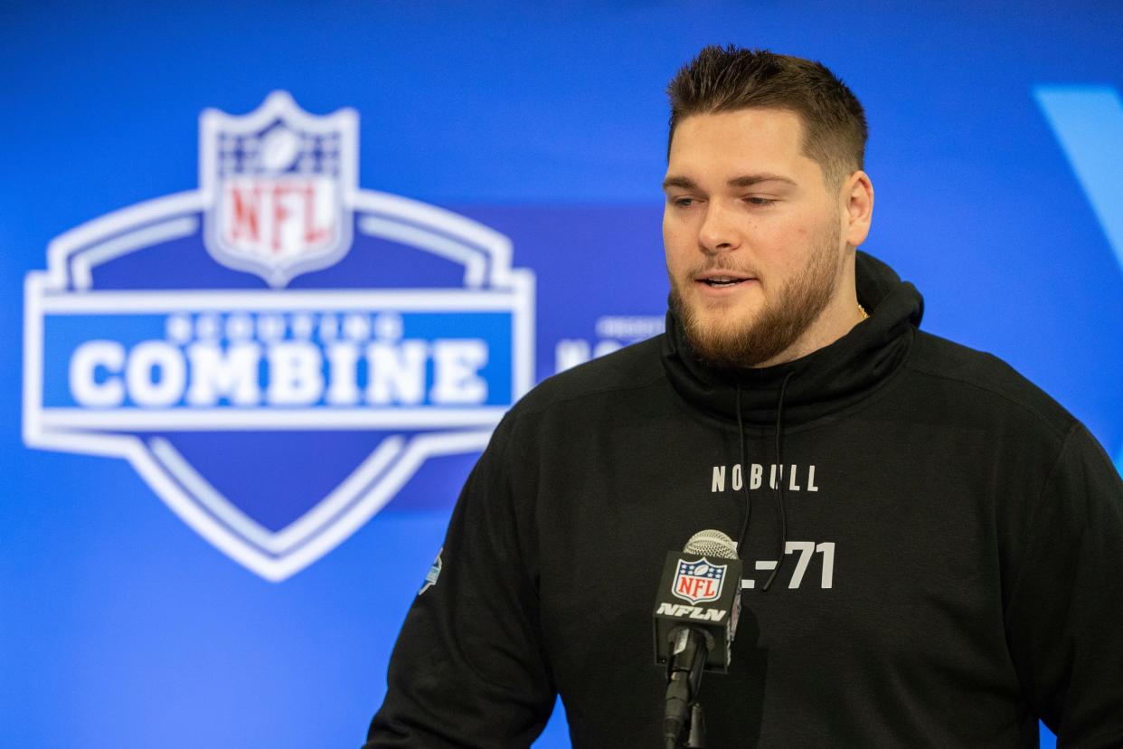 Michigan offensive lineman Zak Zinter talks to the media during the 2024 NFL combine on Saturday, March 2, 2024, in Indianapolis.