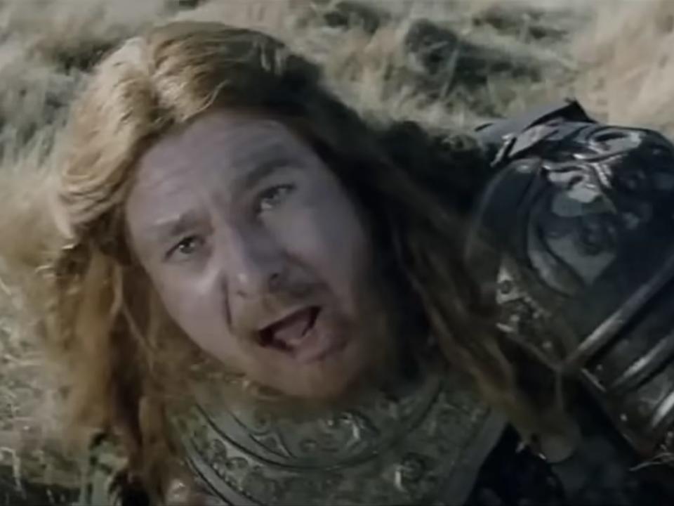Hama in armor looking scared in lord of the rings