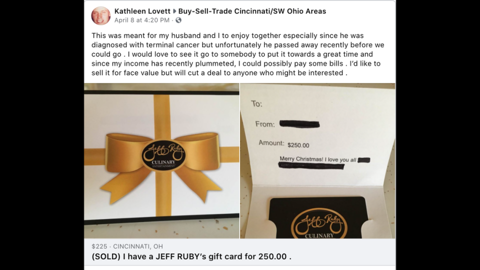 Kathleen Lovette posted the gift card for sale to a buy-sell-trade Facebook page before it was shared to the Chowdown Cincinnati group.