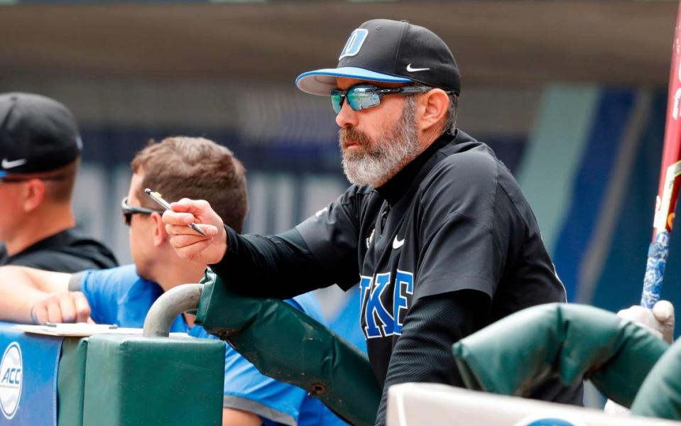 Duke head coach Chris Pollard watches during N.C. State’s game against Duke in the ACC Baseball Championship game at Truist Field in Charlotte, N.C., Sunday, May 30, 2021.