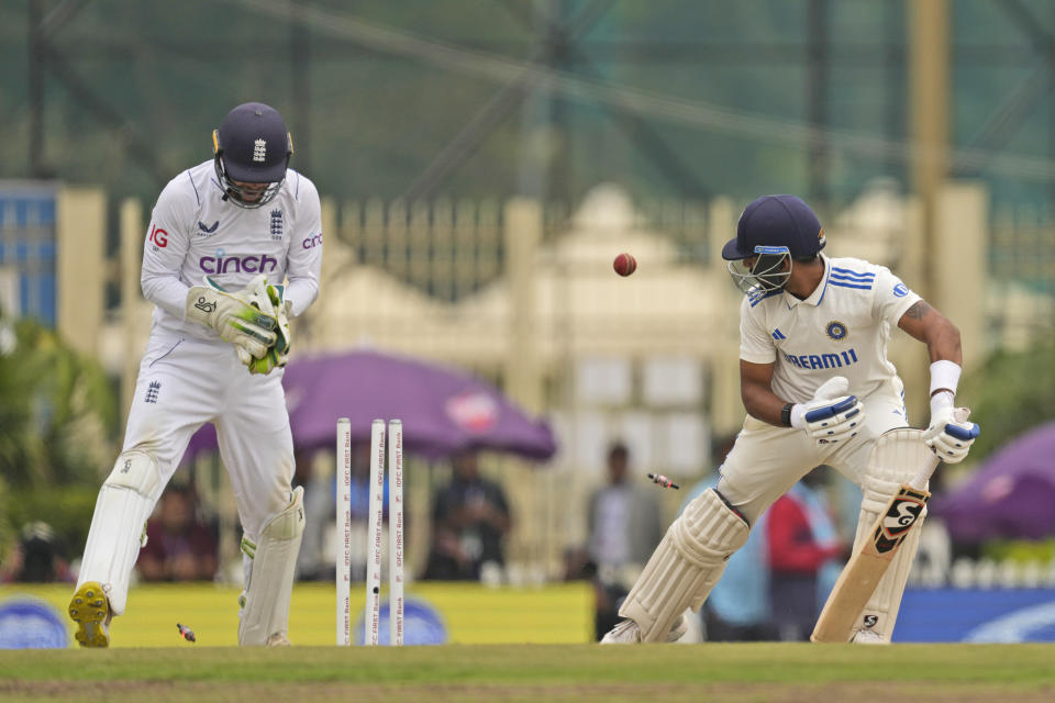 India's Dhruv Jurel is bowled out by England's Tom Hartley on the third day of the fourth cricket test match between England and India in Ranchi, India, Sunday, Feb. 25, 2024. (AP Photo/Ajit Solanki)