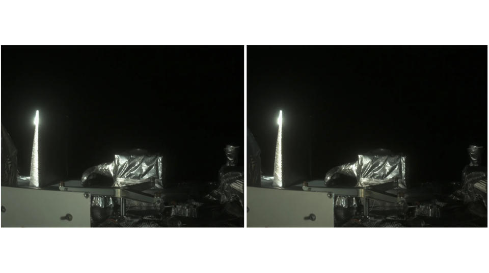 side-by-side identical images, showing a closeup look at a shiny silver spacecraft in space