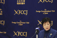 Tokyo Gov. Yuriko Koike speaks during a news conference in Tokyo, Tuesday, Nov. 24, 2020. Koike remains firm about being able to safely hold the Olympics next year despite growing concerns about Japan's recent resurgence of COVID-19 infections. (AP Photo/Koji Sasahara)