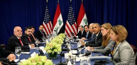 U.S. President Barack Obama meets with Iraqi Prime Minister Haider al-Abadi in New York September 19, 2016. REUTERS/Kevin Lamarque