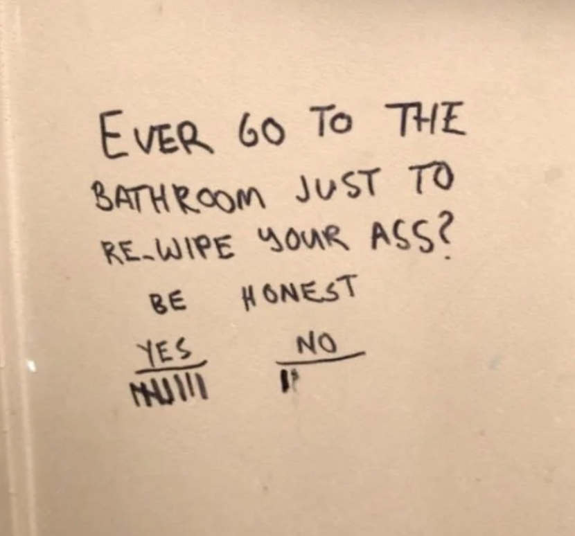 A graffiti on a bathroom wall asks, "Ever go to the bathroom just to re-wipe your ass? Be honest." Below, there are two checkboxes: "Yes" with tallies and "No" with one tally