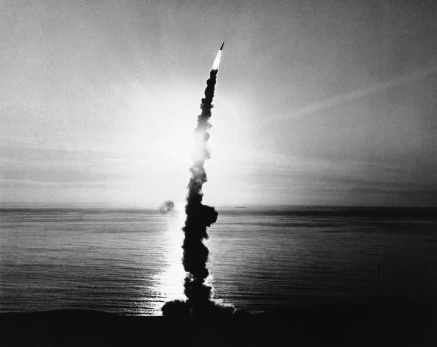A Minuteman III missile flaming into the sky from Vandenberg Air Force Base, Lompoc, California on July 28, 1971, represents only a fraction of the enormous nuclear arsenal controlled by Strategic Air Command from its headquarters at Offutt Air Force Base, Nebraska. (AP Photo)