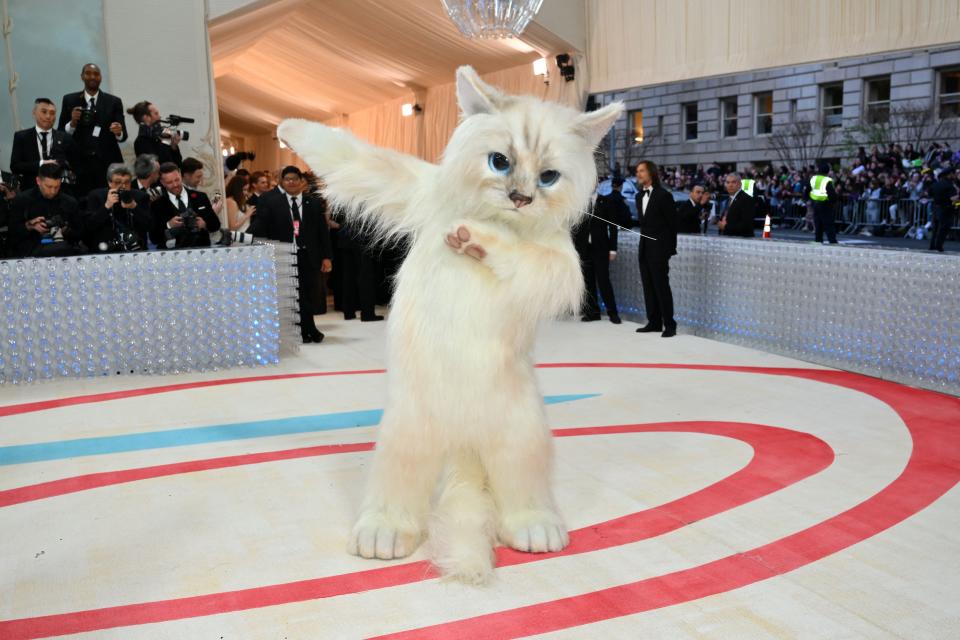 Jared Leto as the late designer's cat, Choupette, for the 2023 Met Gala theme, Karl Lagerfeld: A Line of Beauty. (Getty Images)