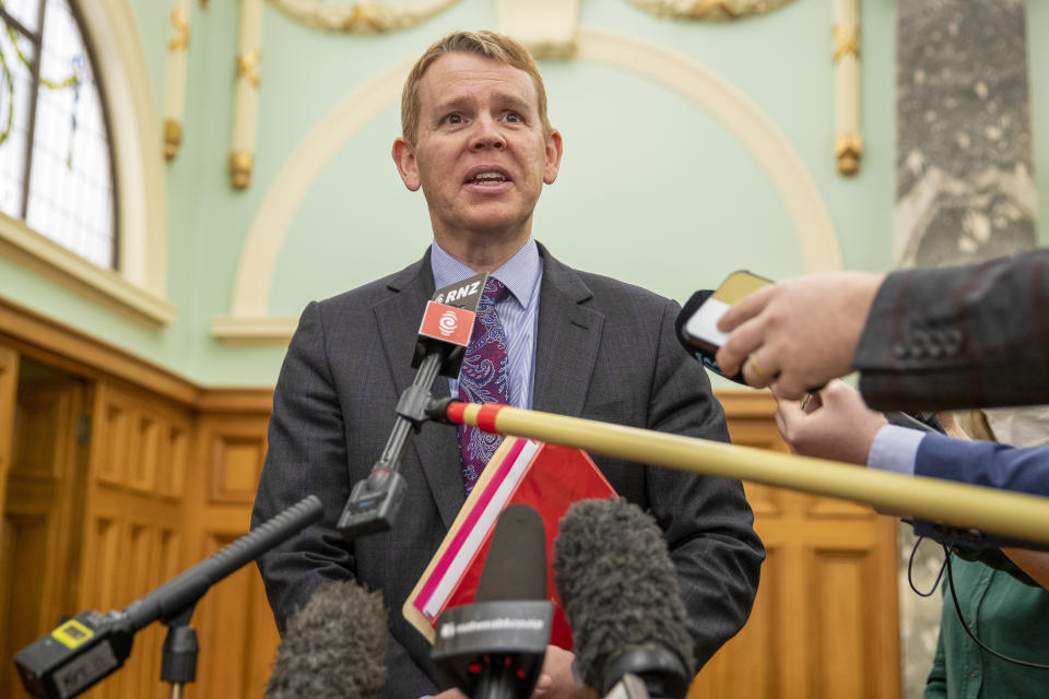 New Zealand Police Minister Chris Hipkins during his press conference at Parliament, Wellington, New Zealand, Thursday, June 30, 2022.New Zealand's government has declared that American far-right groups the Proud Boys and The Base are terrorist organizations. (Mark Mitchell/New Zealand Herald via AP)