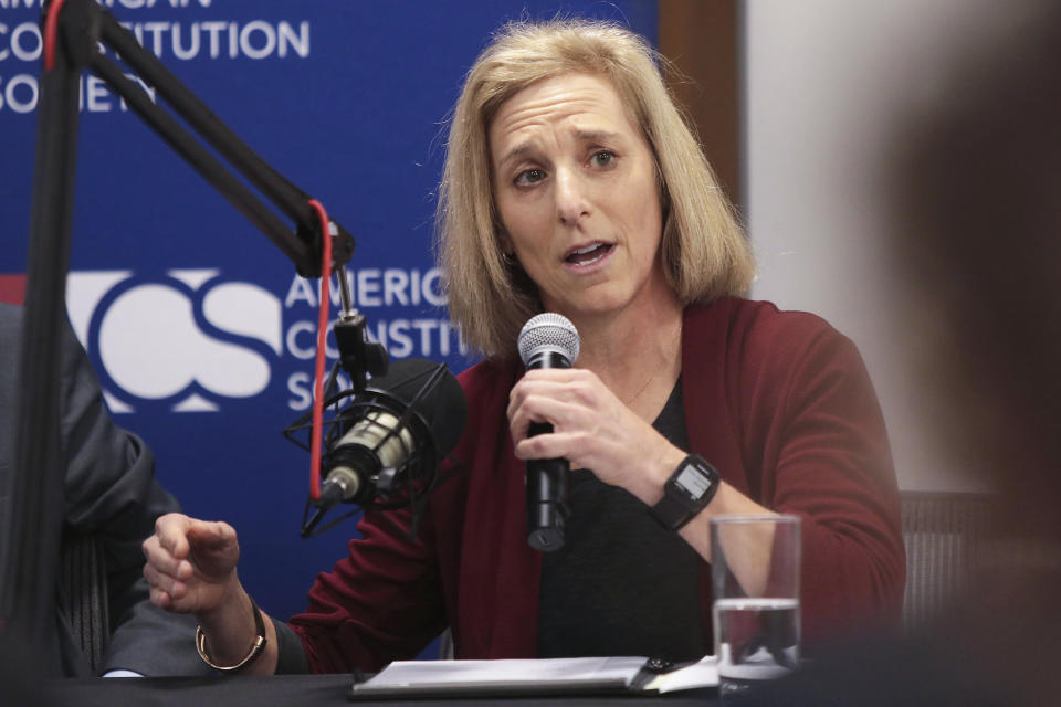 FILE - Dane County Circuit Court Judge Jill Karofsky speaks during a Wisconsin Supreme Court candidate's forum in the offices of Foley & Lardner LLP in Madison, Wis., on Nov. 19, 2019. Justice Karofsky released documents to The Associated Press on Saturday, Feb. 11, 2023, showing that the Wisconsin Judicial Commission dismissed a complaint against a Wisconsin Supreme Court justice who accused a Donald Trump attorney of making racist contentions and trying to protect his “king” in a case challenging the 2020 election results. (John Hart/Wisconsin State Journal via AP, File)