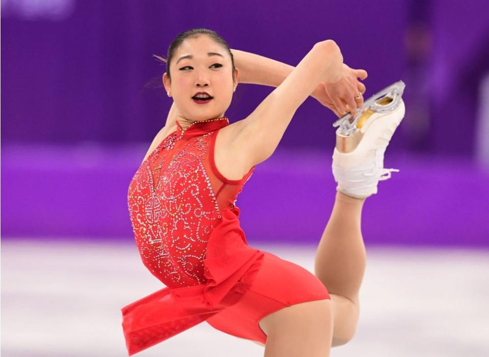 Figure skater Mirai Nagasu competing in the women's individual free skate at the 2018 Winter Olympics