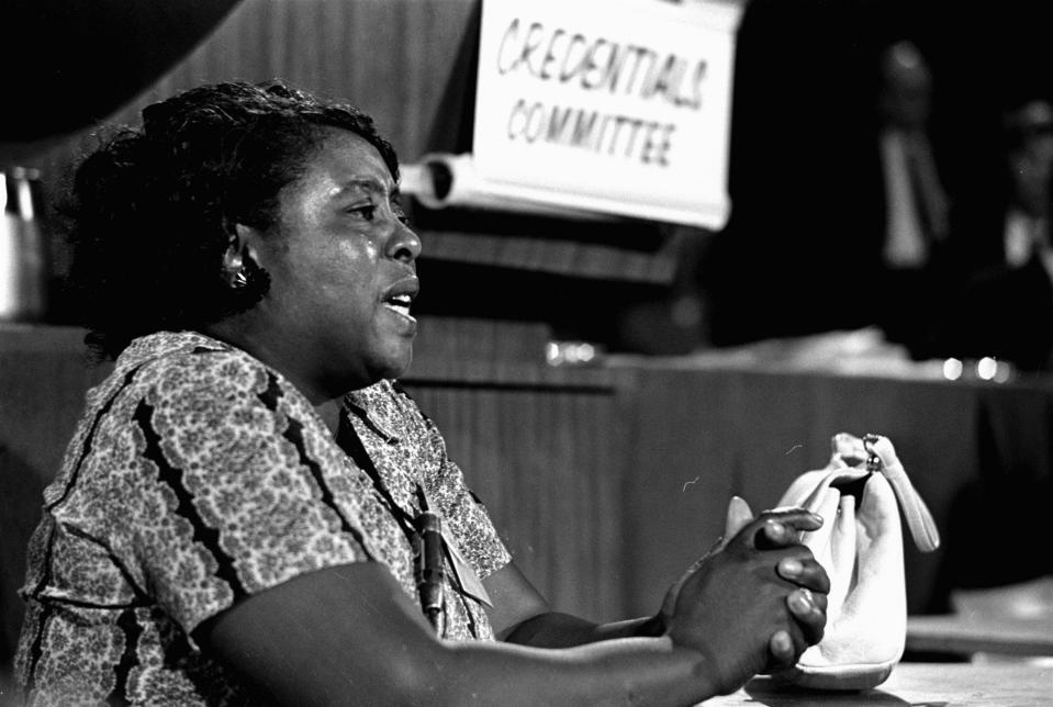 Fannie Lou Hamer, a leader of the Mississippi Freedom Democratic Party, speaks before the credentials committee of the Democratic National Convention in Atlantic City in 1964 in an effort to win accreditation for the largely African American group as Mississippi's delegation to the convention, instead of the all-white state delegation.