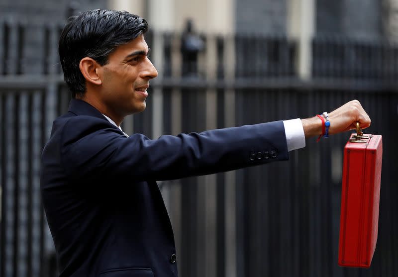 Britain's Chancellor of the Exchequer Rishi Sunak poses outside his office in Downing Street in London