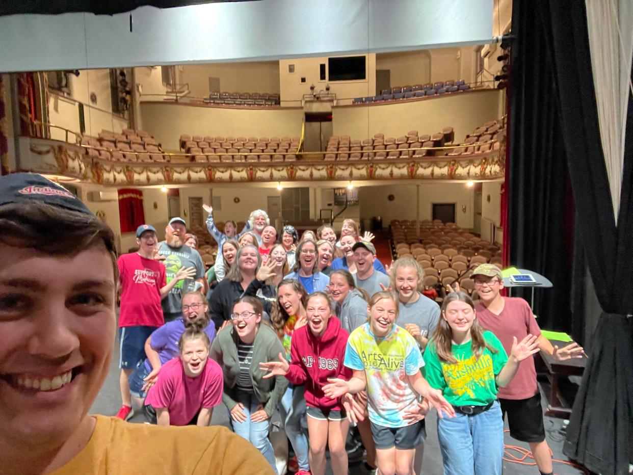 The cast of "Shrek the Musical" pose for a photo in Ohio Theatre in downtown Loudonville, where they will perform the musical in June.