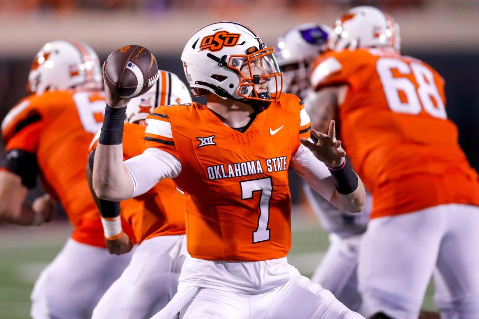 Oklahoma State's Alan Bowman (7) throws the ball during the third quarter of Saturday's game against Central Arkansas at Boone Pickens Stadium in Stillwater.