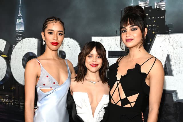 <p>Slaven Vlasic/Getty Images for Paramount Pictures</p> Jasmin Savoy Brown, Jenna Ortega and Melissa Barrera at the "Scream VI" premiere on March 6, 2023.