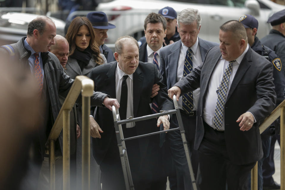 Harvey Weinstein arrives at New York court, Monday, Jan. 6, 2020, in New York. The disgraced movie mogul faces allegations of rape and sexual assault. Jury selection begins this week. (AP Photo/Seth Wenig)