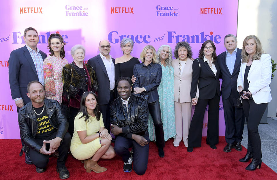 Ethan Embry, Tim Bagley, Lindsey Kraft, Hannah K.S. Canter, Millicent Martin, Howard J. Morris, Baron Vaughn, Jane Fonda, Robbie Tollin, Marta Kauffman, Lily Tomlin, Dana Goldberg, Netflix co-CEO Ted Sarandos and Paula Weinstein. - Credit: Charley Gallay/Getty Images