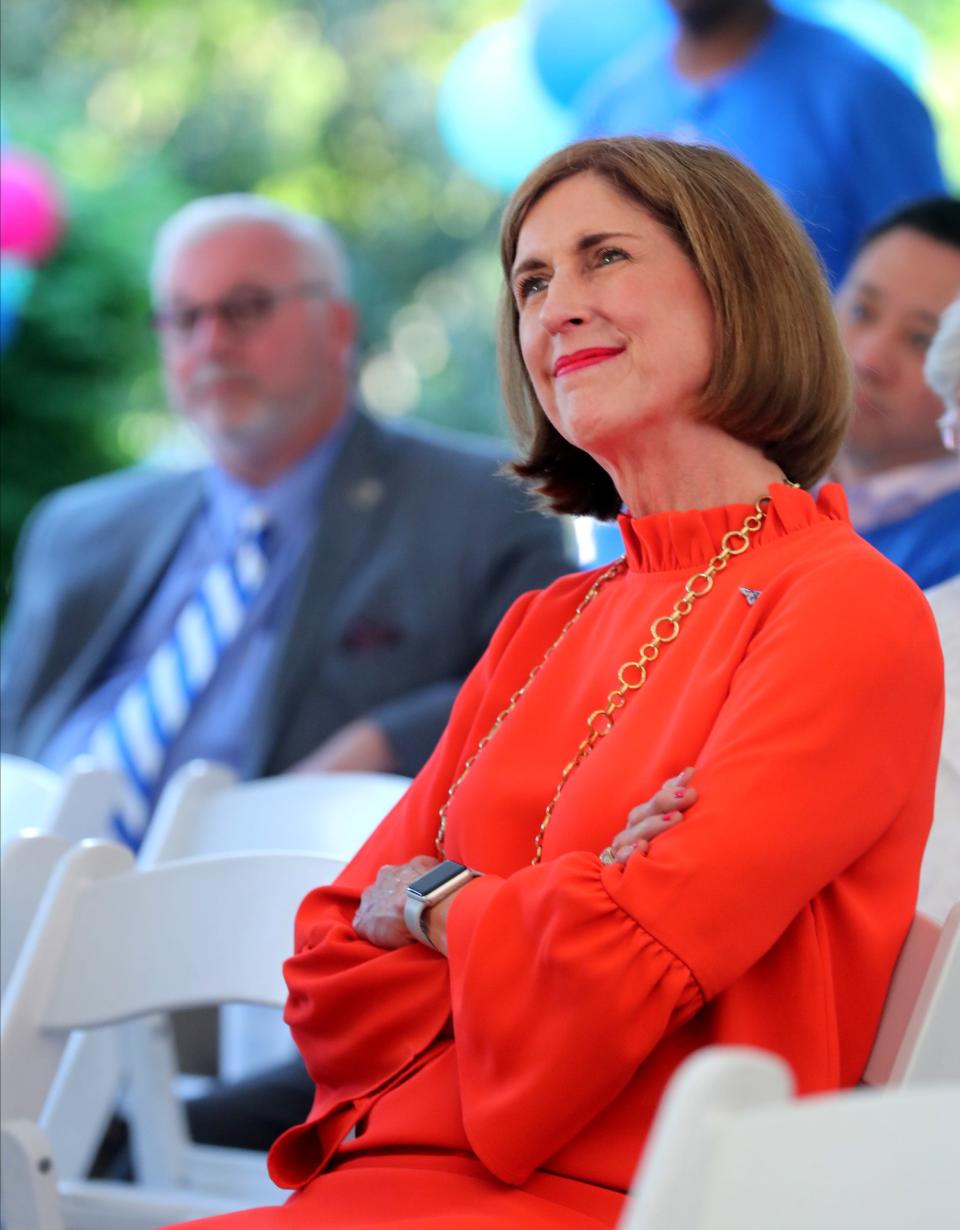Anne Davis listens to speakers recount history of the hospital during the 95th anniversary celebration of the Ascension Saint Thomas Rutherford hospital on Monday, May 2, 2022.