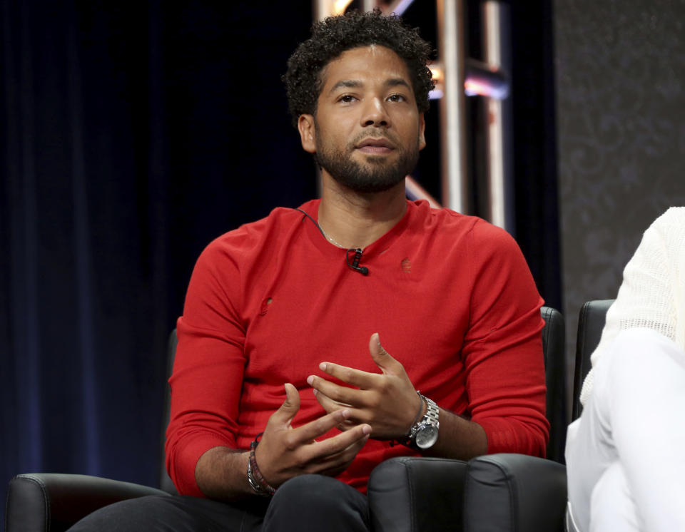 FILE - In this Aug. 8, 2017 file photo, Jussie Smollett participates in the "Empire" panel during the FOX Television Critics Association Summer Press Tour at the Beverly Hilton in Beverly Hills, Calif. Chicago's top prosecutor has recused herself from the investigation into the attack reported by Smollett. Cook County State's Attorney Kim Foxx offered few specifics when announcing she was stepping back Tuesday, Feb. 19, 2019. (Photo by Willy Sanjuan/Invision/AP, File)