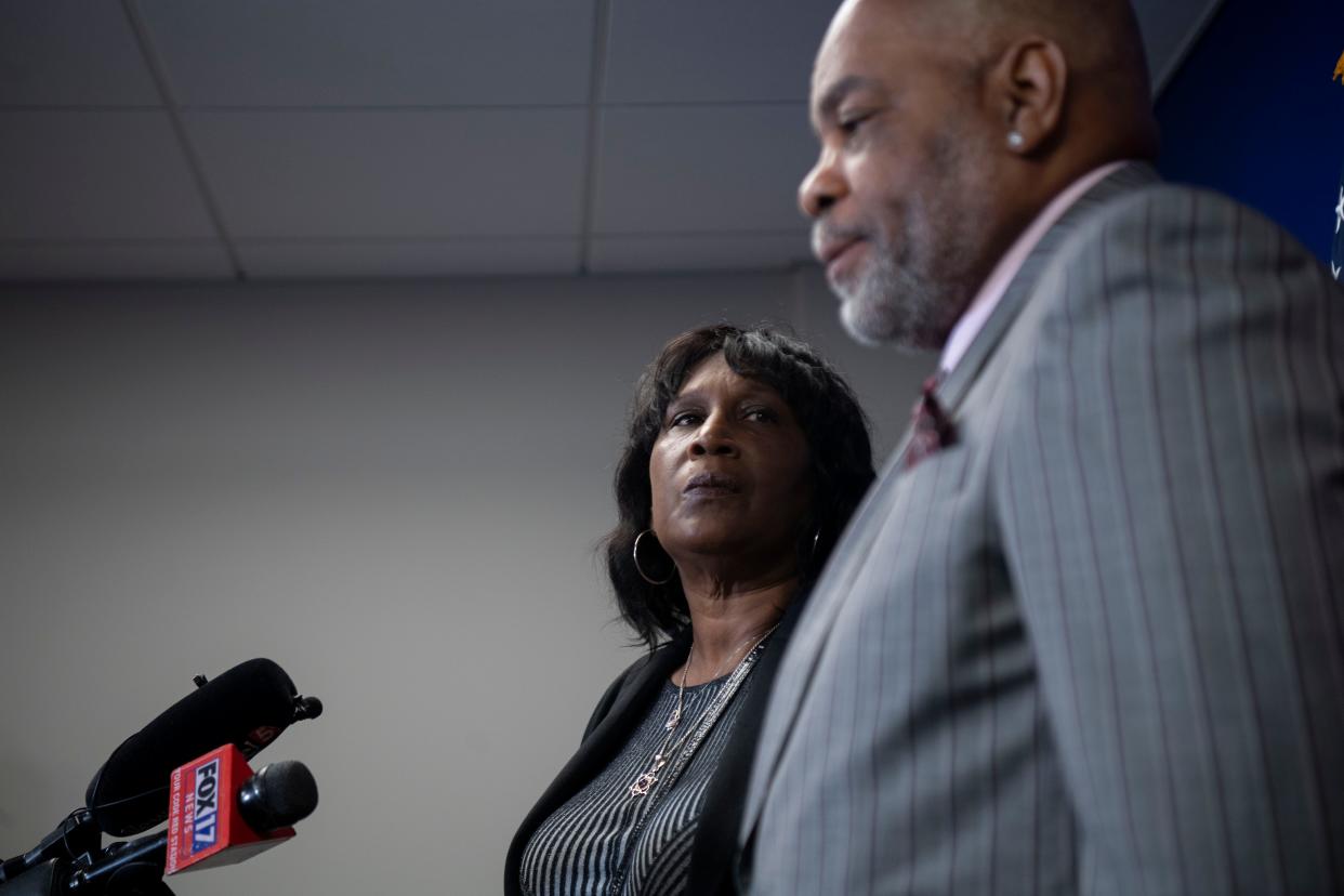 Parents of Tyre Nichols, RowVaughn Wells looks on as her husband, Rodney Wells speaks during a press conference on HB 1931, at Cordell Hull State Office Building in Nashville, Tenn., Monday, March 4, 2024. The bill by Rep. John Gillespie, R- Memphis, would keep local governments from enacting any laws that restrict local police officers from making minor traffic stops.