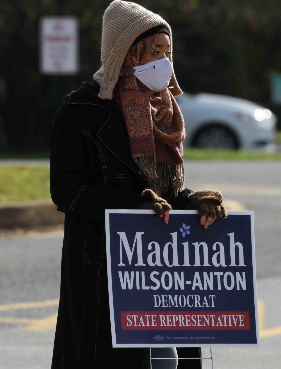 Madinah Wilson-Anton Candidate for a Member of Delaware House of Representatives greets members of the public on election day Tuesday, Nov. 03, 2020, at Thurgood Marshall elementary school in Newark, DE.