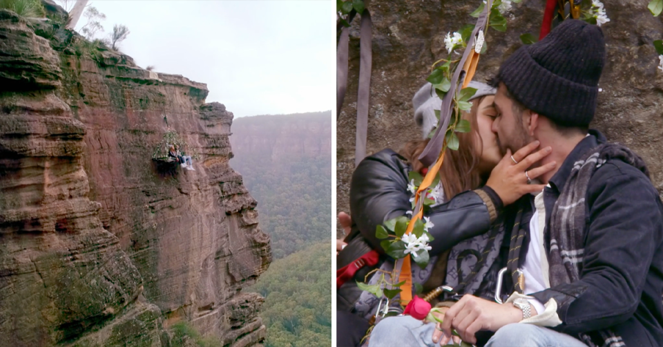 Bachelorette Brooke and Darvid hanging on the side of a cliff.