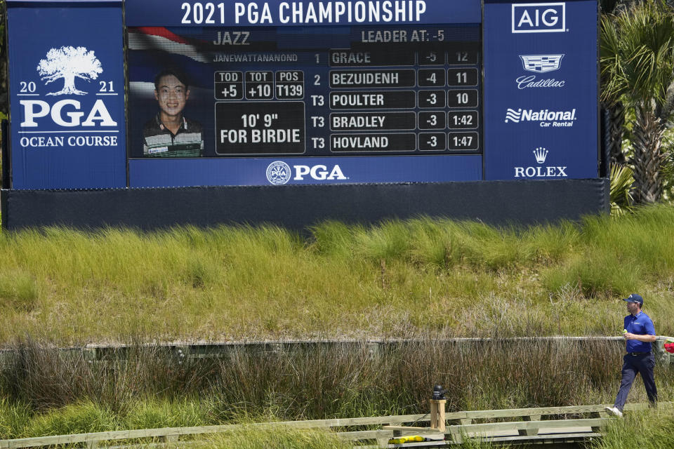 Branden Grace walks on a bridge on the 13th hole during the second round of the PGA Championship golf tournament on the Ocean Course Friday, May 21, 2021, in Kiawah Island, S.C. (AP Photo/David J. Phillip)