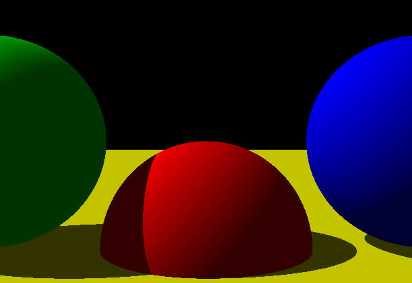 A ray traced image using the standard CGFS ray tracer showing ray traced shadow effects.