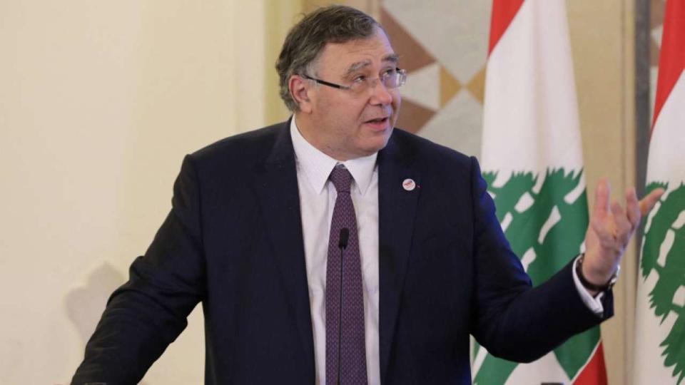 Chairman and CEO of Total Energies Patrick Pouyanne speaks during a joint signing ceremony for off-shore gas exploration in the capital Beirut on January 29, 2023. (Photo by ANWAR AMRO / AFP)