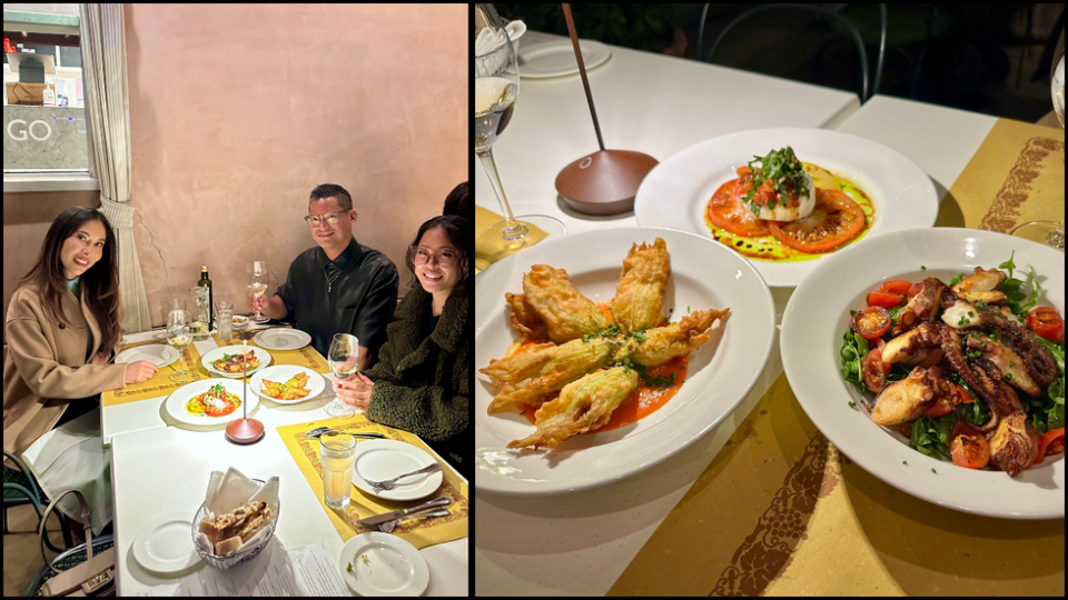 Pearlito & Friends Visit Angelini Osteria in Fairfax; Deep Fried Zucchini Flower, Caprese (Heirloom Tomatoes & Burrata), Polipo (Octopus Salad)