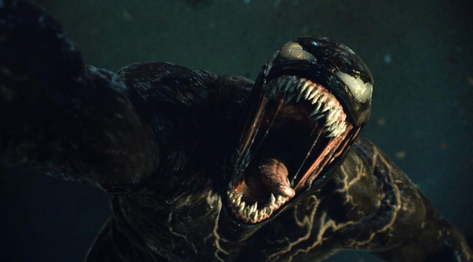 Venom bares his dagger-like teeth in "Venom: Let There Be Carnage"