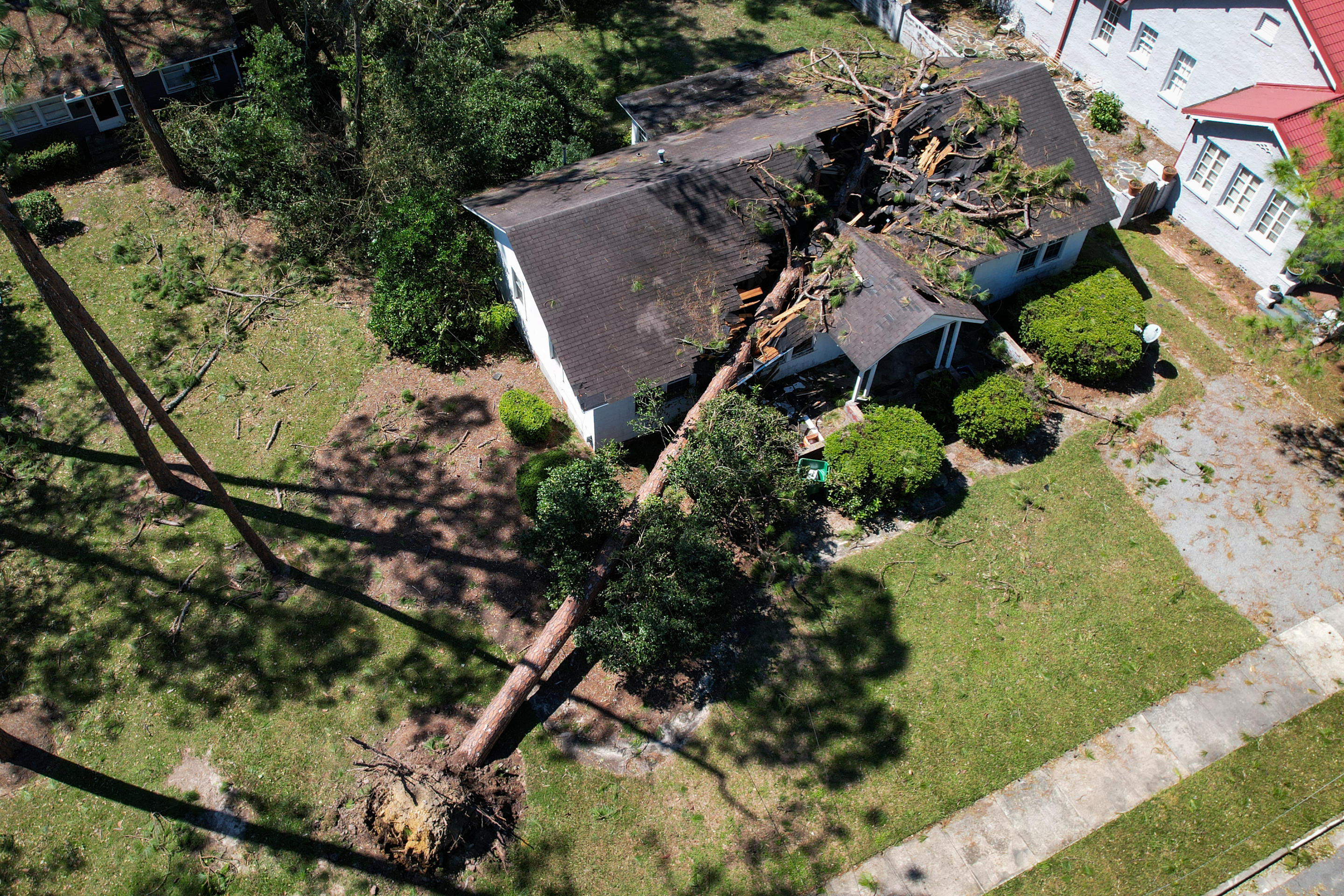 An aerial view of a large tree that has fallen on a home in Valdosta, Georgia. 