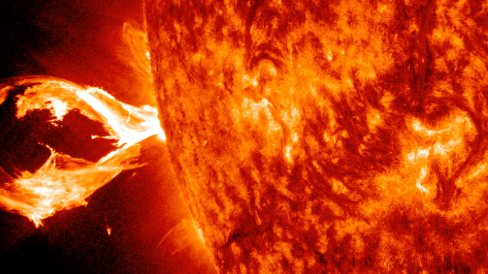 A powerful solar flare bursts out from the sun on Feb. 7, 2023.