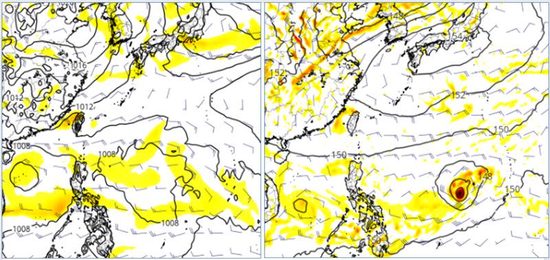 圖：最新(17日20時)歐洲(ECMWF左圖)及美國(GFS右圖)模式，27日20時模擬圖顯示，「西北太平洋」有多個熱帶擾動活動的跡象，但各模式所模擬的生成時間及位置不斷調整，且差異不小，需持續觀察。(圖擷自tropical tidbits)