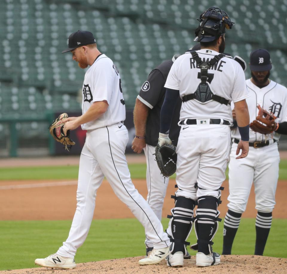 Detroit Tigers starting pitcher Spencer Turnbull leaves the game during the fifth inning against the Cleveland Indians at Comerica Park, Saturday, August 15, 2020.