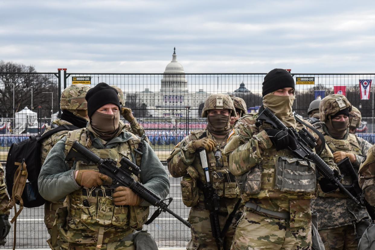 Heavily armed members of the National Guard are keeping watch over the US presidential inauguration this week. (Getty Images)