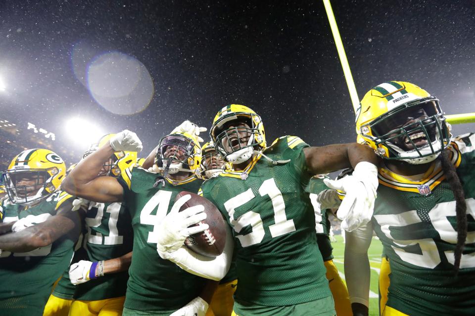 Green Bay Packers linebacker Krys Barnes (51) celebrates recoving a fumble against the Detroit Lions during their football game Monday, September 20, 2021, at Lambeau Field in Green Bay, Wis. Dan Powers/USA TODAY NETWORK-Wisconsin