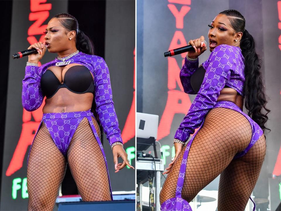 A front-and-back shot of Megan Thee Stallion wearing a purple set at Lil Weezyana 2019.