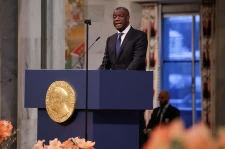 The Peace Prize laureate Dr. Denis Mukwege delivers his speech during the Nobel Peace Prize Ceremony in Oslo Town Hall in Oslo, Norway December 10, 2018. NTB Scanpix/Haakon Mosvold Larsen via REUTERS