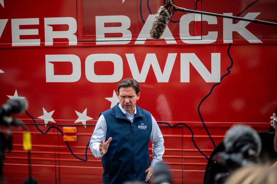 DeSantis speaks to members of the media after an event in Chariton, Iowa on July 27, 2023.<span class="copyright">Sergio Flores—The Washington Post/Getty Images</span>