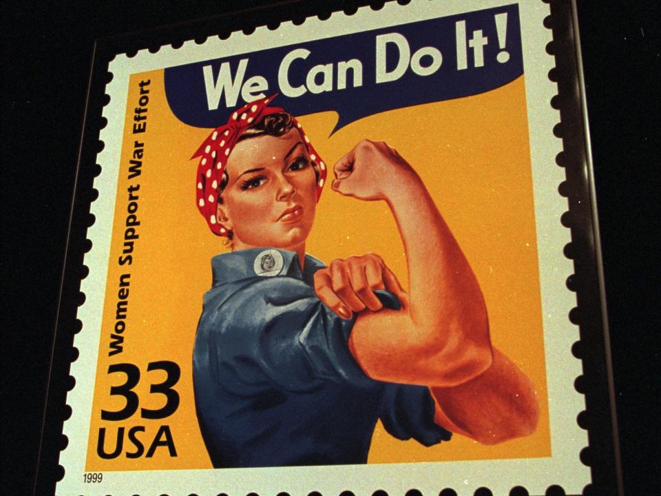 An image of Rosie the Riveter on a stamp, saying "We Can Do It!"