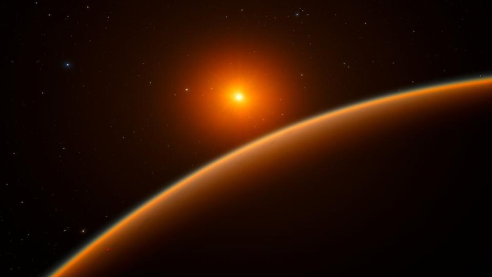 a close up view shows a hazy orange line cutting across the black background with a distant orange star glowing brightly.
